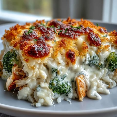 Comforting Creamy Chicken Broccoli Cheddar Rice Bake with tender chicken, vibrant broccoli.