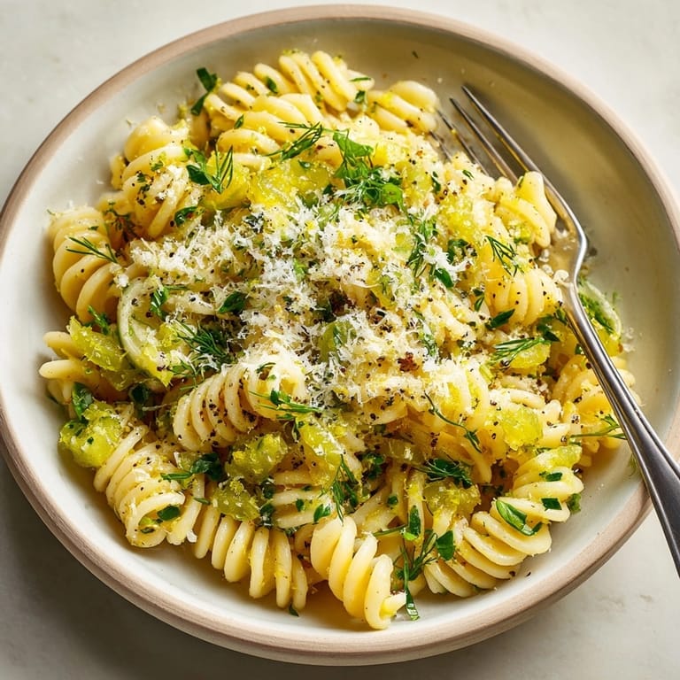 Zesty Lemon Basil Pickle Pasta features creamy parmesan and juicy pickle bites; a flavorful fusion.