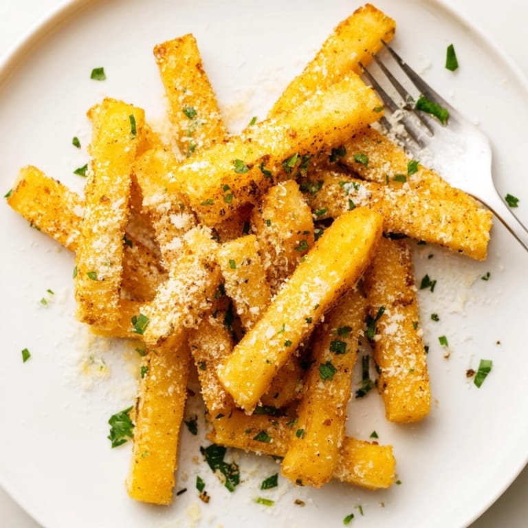 Salty, cheesy, crispy Garlic Parmesan Yam Fries; a flavorful side dish.