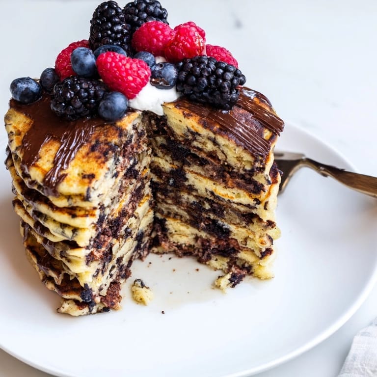 Warm, fluffy Protein Chocolate Ricotta Pancakes, a post workout breakfast indulgence on a skillet.