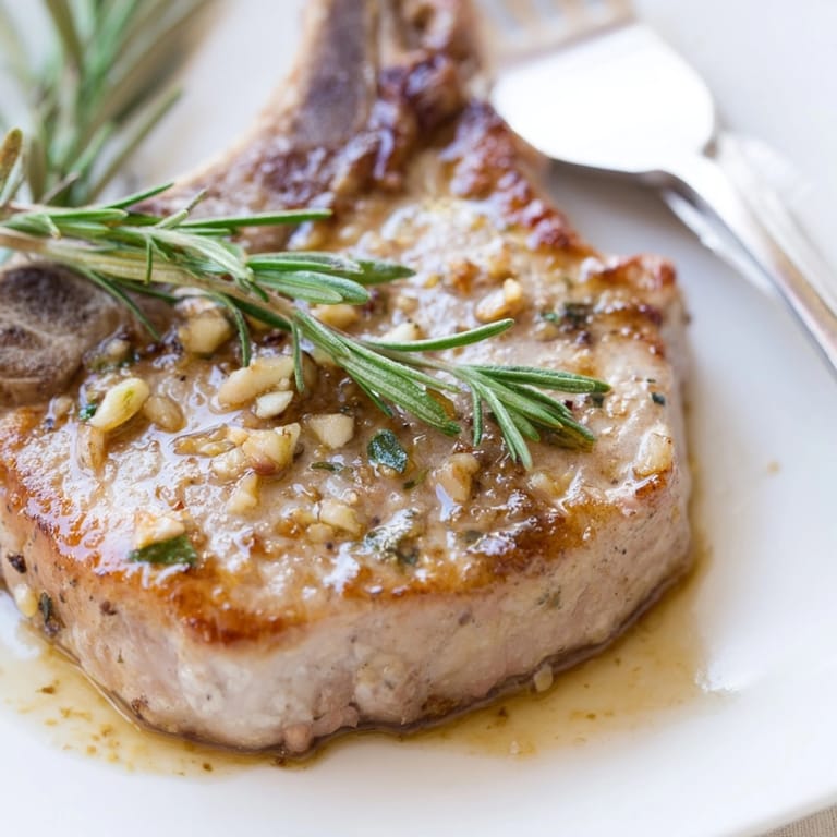 Tender Garlic Rosemary Pork Chops, perfectly cooked and plated, enticingly aromatic with herbs.
