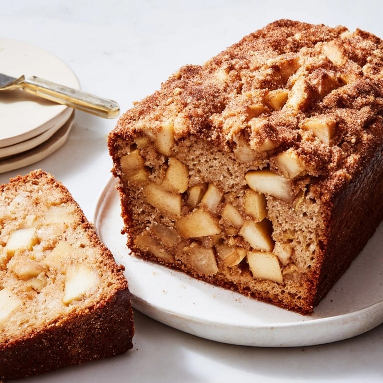 Rustic Ricotta Apple Cinnamon Bread slice on a plate, beckoning with cinnamon sugar.