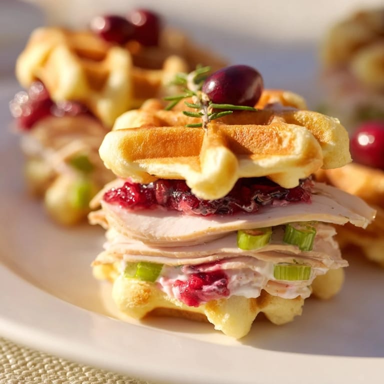 Festive cranberry jalapeño dip waffle sliders topped with turkey for a savory bite.