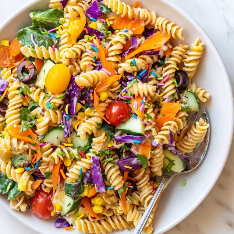 Playful Chaos Cake-Inspired Rainbow Pasta Salad served chilled, bursting with fresh flavors.