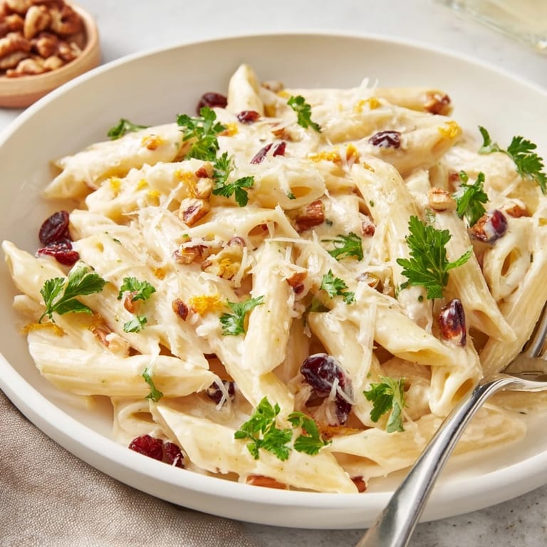 Festive Thanksgiving Cranberry Cream Cheese Pasta with tangy sauce swirled for a delightful flavor.