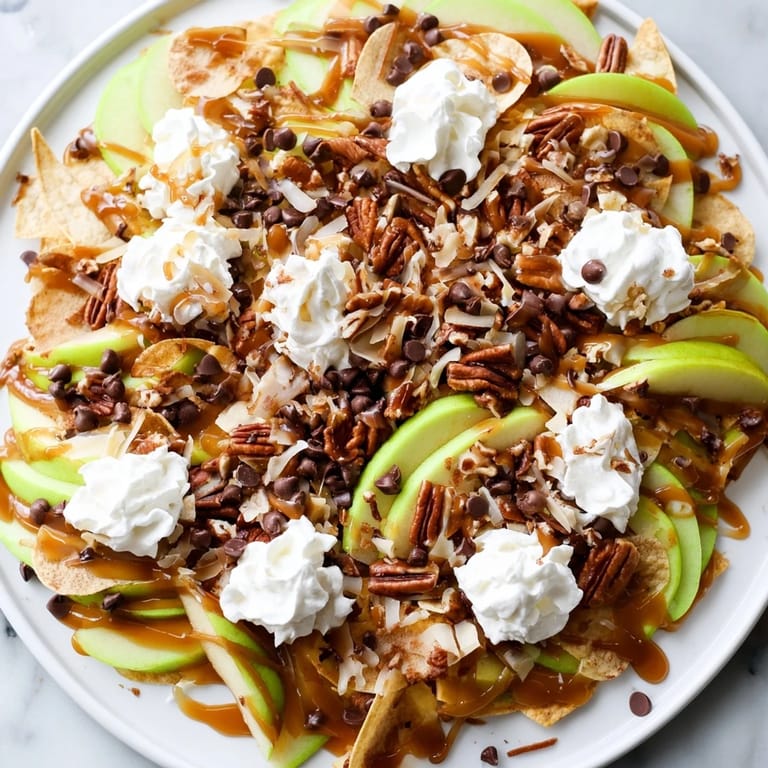 Delicious Loaded Caramel Apple Nacho Platter featuring fresh apples and drizzled sauces.  