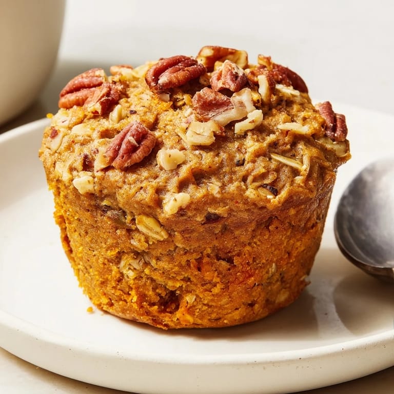 Warmly spiced pumpkin-pecan oatmeal muffins, ideal for autumn snacking or breakfast treats.  