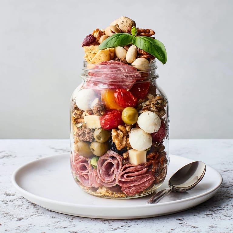 Indulge in a delightful Monster “Chaos” Charcuterie Jar bursting with flavors and textures.  