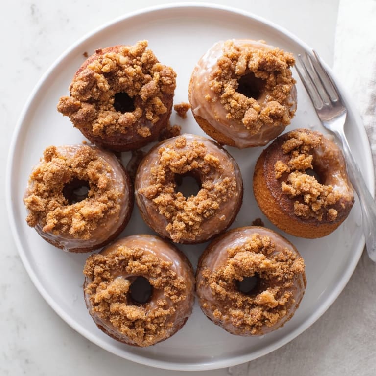 Warm, fluffy Apple Butter Cinnamon Crunch Donuts topped with a crispy cereal and sugar blend.  