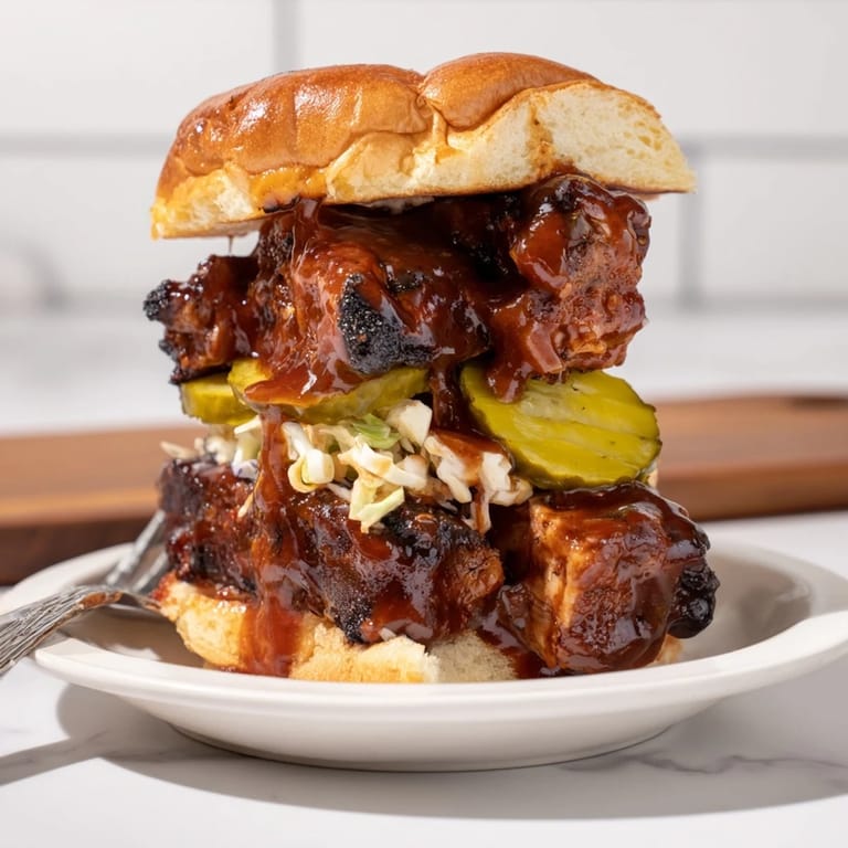Smoky ribs drenched in spicy BBQ sauce on a toasted brioche bun.  