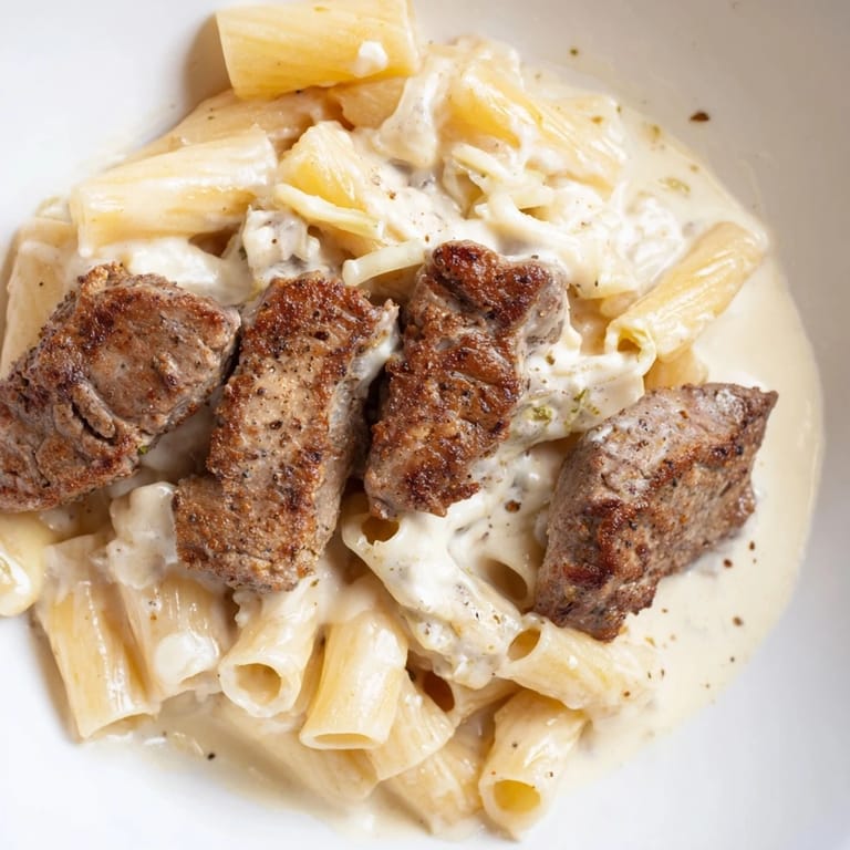 Rich, cheesy rigatoni Parmesan sauce envelops spicy Cajun steak tips for ultimate flavor.  