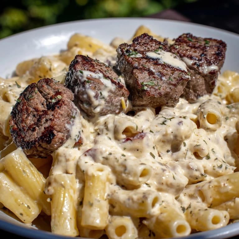 Savory Cajun steak tips mixed with rigatoni in luscious Parmesan sauce, garnished perfectly.