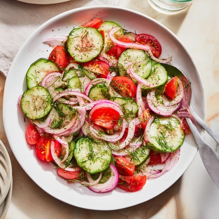 Fresh summer marinated cucumbers, onions, and tomatoes drizzled with zesty dressing for color.