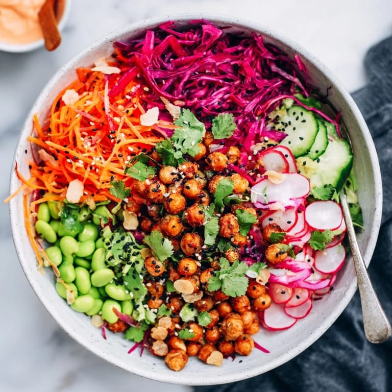 Vibrant ASMR Crunch Snack Bowls, showcasing layers of fresh veggies and roasted chickpeas.  