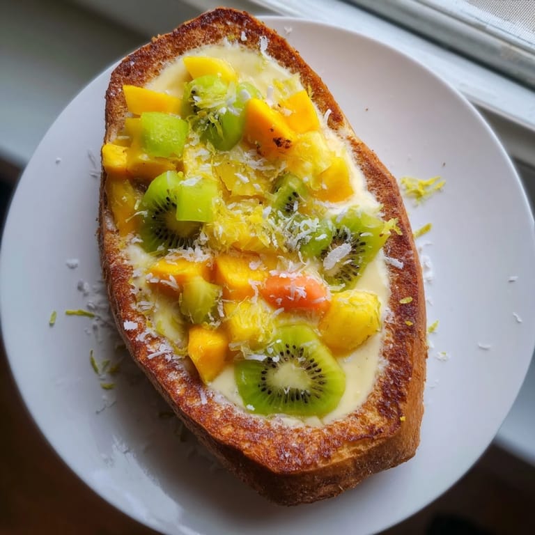 Vibrant Yogurt-Custard Toast bursting with tropical flavors and a golden crust  
