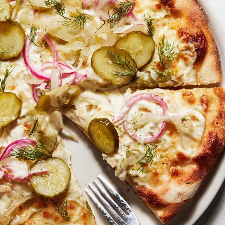Savory pickle pizza featuring fresh dill and rich crème fraîche sauce.