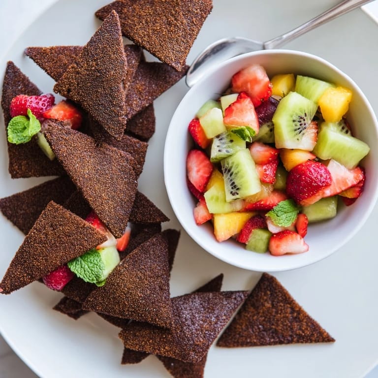 Homemade dessert chips served with zesty fruit salsa, a fun twist on tradition.