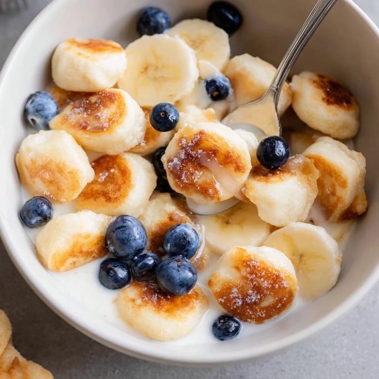 Delicious bite-sized Mini Pancake Cereal served with milk for a fun morning treat.  