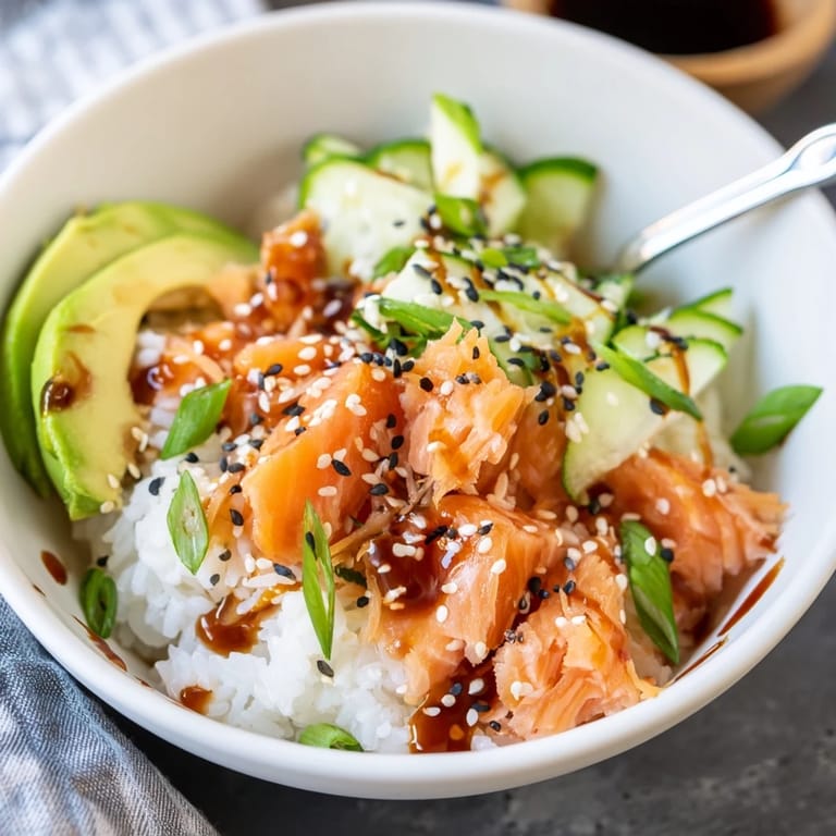 Quick and easy leftover salmon & rice bowl featuring vibrant pickled ginger toppings.  