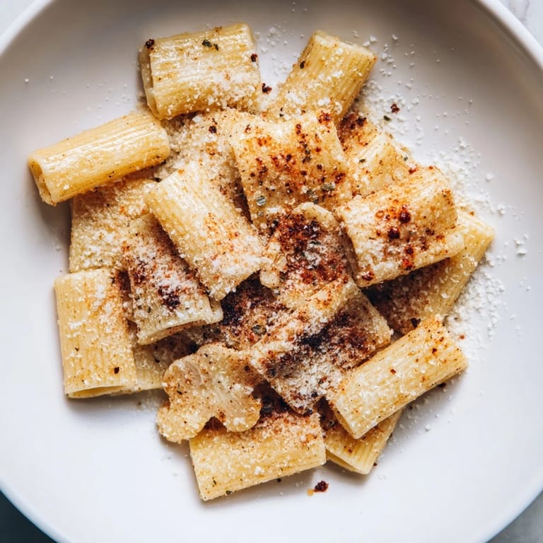 Golden brown pasta chips tossed with flavorful spices, ideal for sharing among friends.  