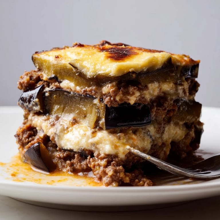 Hearty Moussaka with Beef & Eggplant, featuring savory layers of roasted goodness.  
