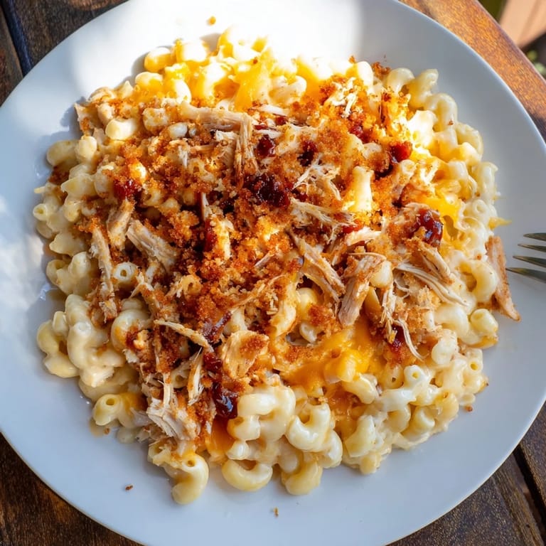 Deliciously rich Classic Mac & Cheese with BBQ Chicken, perfect for family gatherings.  