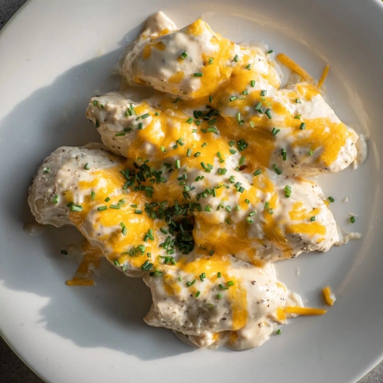 This baked Cheddar Ranch Chicken Bake features tender chicken and a creamy, cheesy ranch topping.