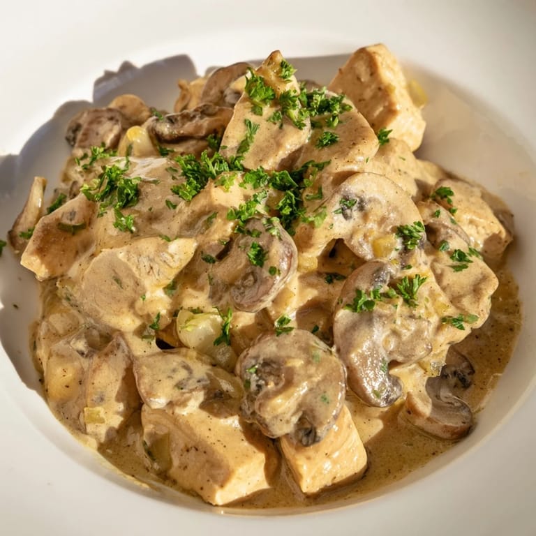 This Creamy Chicken Stroganoff shows perfectly cooked chicken and mushrooms, ready to relish with delicious sauce.