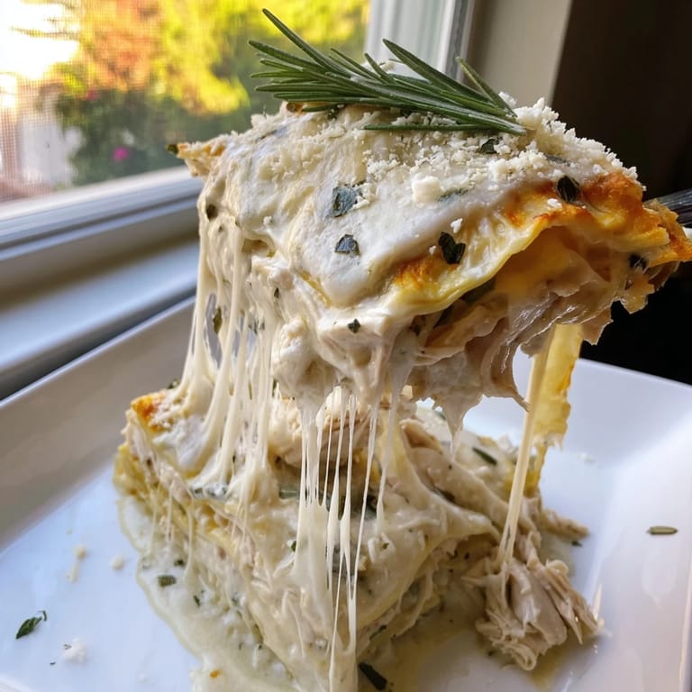 Golden-brown Rosemary Chicken Lasagna topped with melted mozzarella, a comforting and flavorful baked dish.