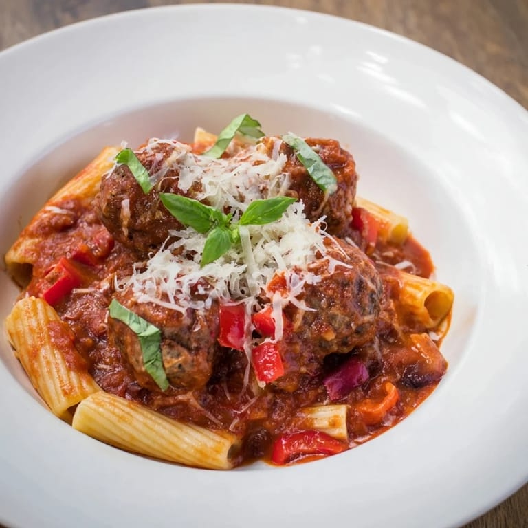 Italian Meatball Pasta Skillet: Close-up photo showing perfectly browned meatballs nestled in tomato sauce.