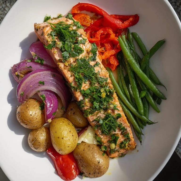 Bright and flavorful sheet pan, with perfectly cooked Lemon Herb Salmon and vibrant veggies.