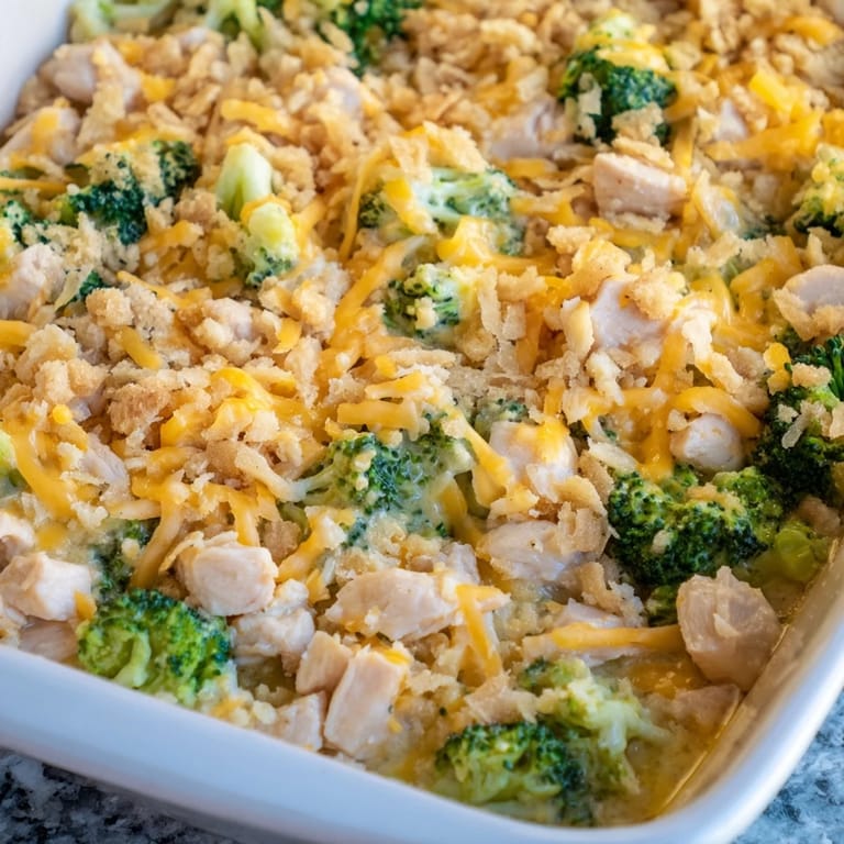 A family-favorite Chicken & Broccoli Cheddar Bake, featuring tender chicken and a cheesy, comforting sauce.