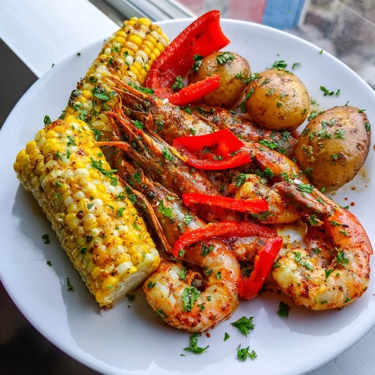 Golden-brown Cajun Shrimp platter with tender roasted potatoes and charred sweet corn; perfect summer dinner.