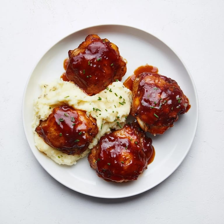 Oven-baked honey BBQ chicken thighs with a caramelized sauce, alongside smooth garlic mashed potatoes.