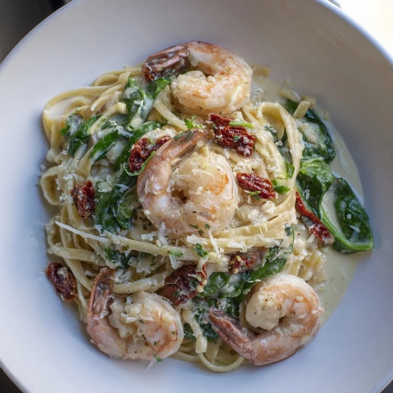 Steaming bowl of Tuscan Garlic Shrimp Pasta, garnished with fresh parsley for an Italian meal.