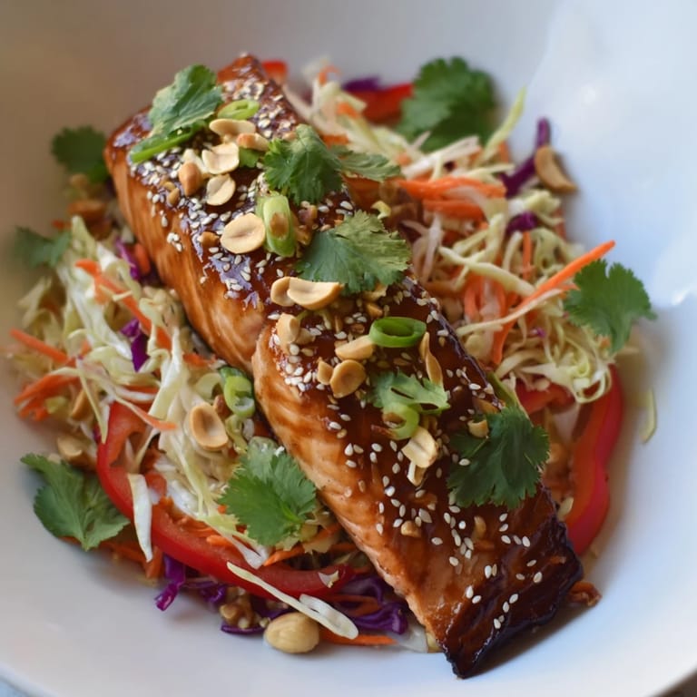 Savory teriyaki salmon atop a colorful slaw, a quick and satisfying Asian-inspired bowl.