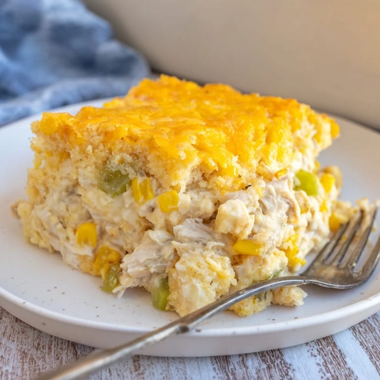 A warm Southern Cornbread Chicken Casserole, bubbly with cheesy chicken and sweet corn, ready to eat!