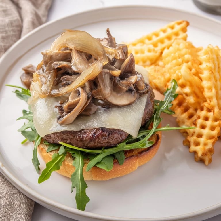Golden-brown waffle fries accompany a juicy Mushroom Swiss Burger, a classic American comfort food combo.