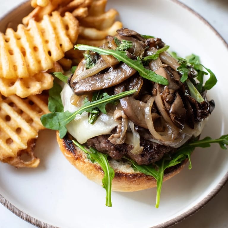 Mouthwatering close-up of a Mushroom Swiss Burger, with crispy edges and savory flavor, ready to eat.