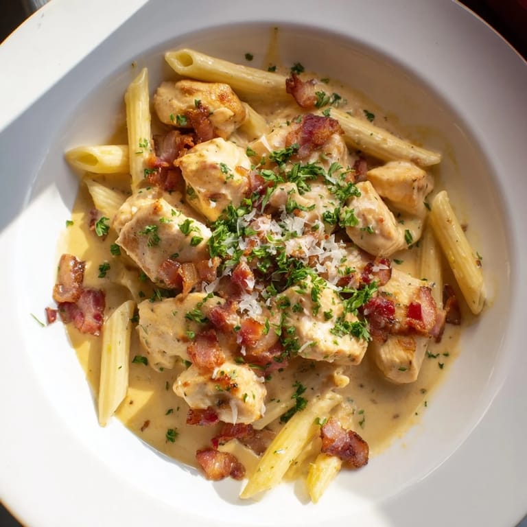 A flavorful bowl of Ranch Chicken & Bacon Penne pasta, served, showcasing a rich and creamy sauce coating the penne.