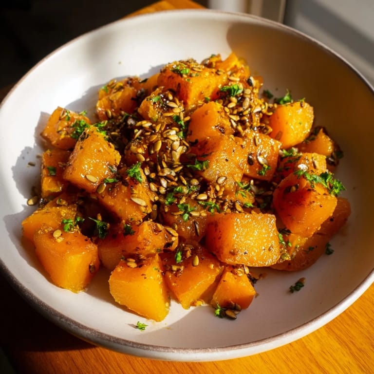 Vibrant image of Roasted Brussels Sprouts & Butternut Squash, drizzled with bright orange dressing.