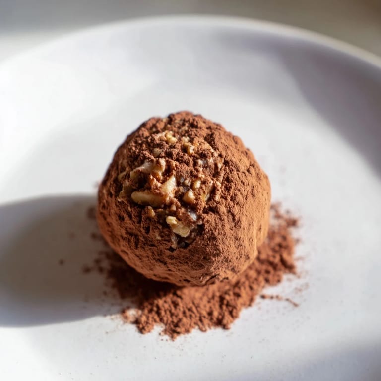 A plate of homemade Date & Walnut Truffles, a wholesome, no-bake treat with a cocoa finish.
