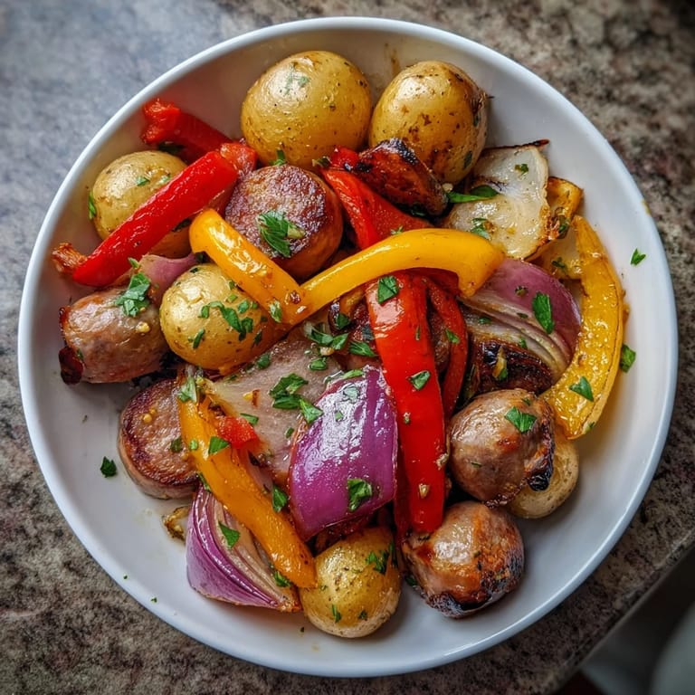 A delicious image of Sheet-Pan Sausage with Peppers, onions, and sausage ready to eat.