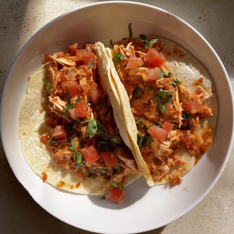 Close-up of slow-cooked Crock-Pot Shredded Chicken Tacos, perfectly seasoned with savory spices and vibrant tomatoes.
