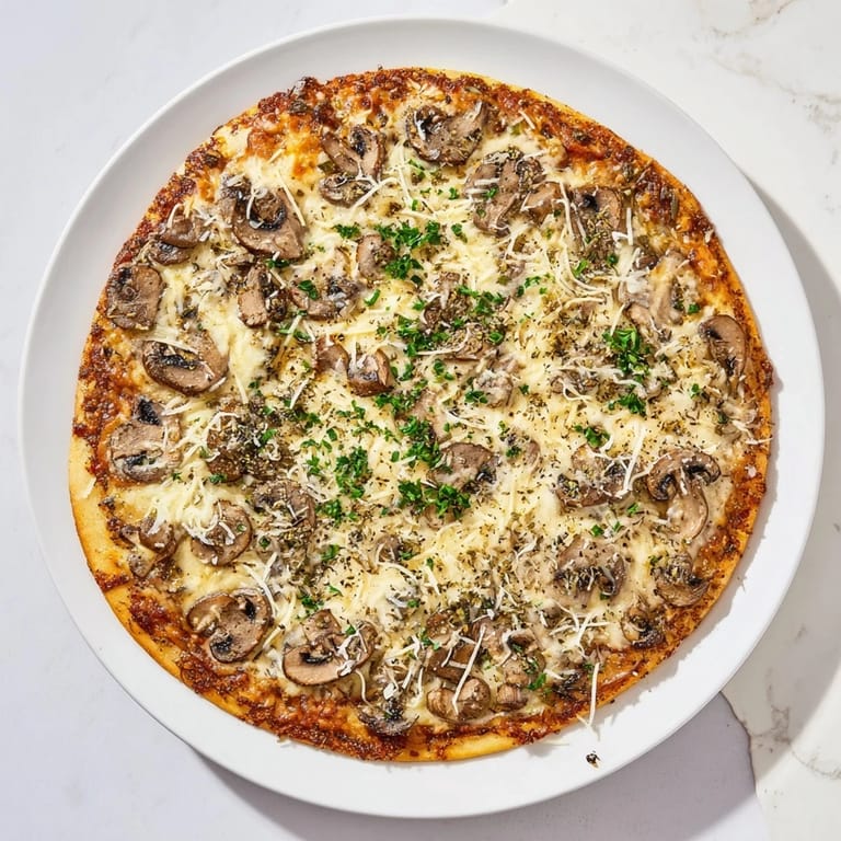 Close-up of a perfectly baked, upgraded frozen pizza with herbs and cheese.