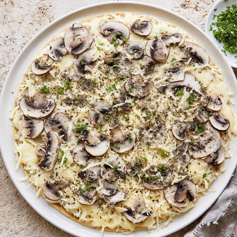 Savory canned mushrooms and extra cheese topping a bubbling frozen pizza.
