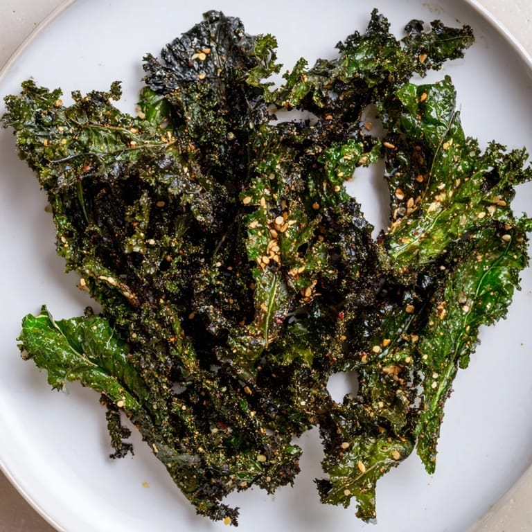 Savory and crunchy baked kale chips, described perfectly to satisfy any hunger craving, delicious.