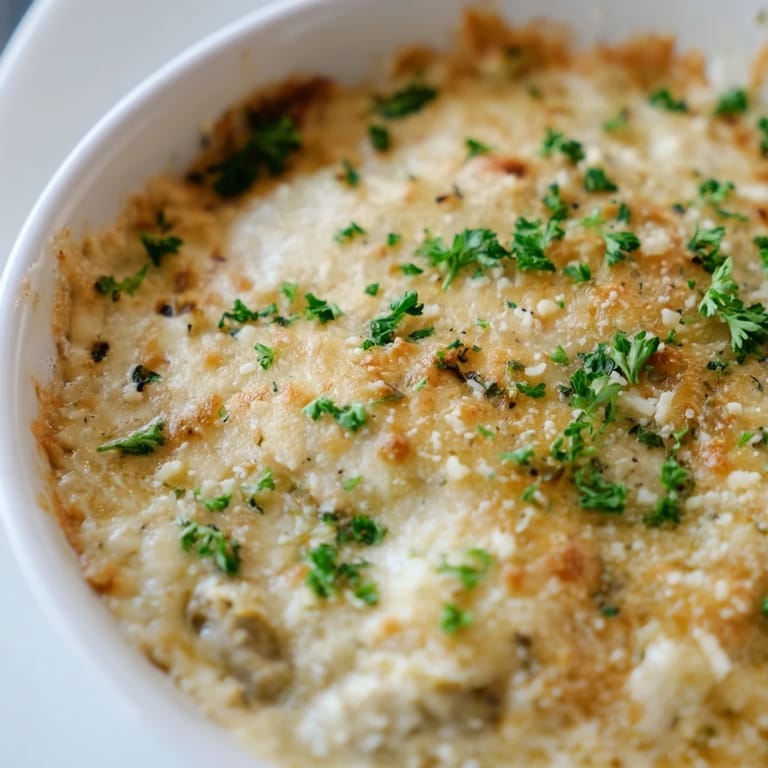 Creamy Baked Artichoke Dip, fresh from the oven, ready to scoop with crackers for dipping.