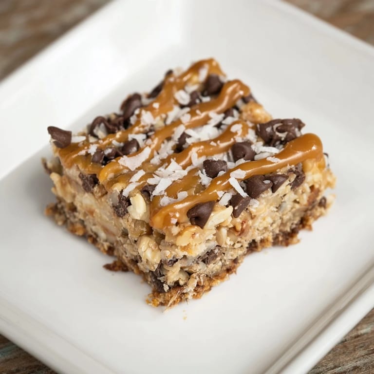 A close-up of a pan of golden-brown 7-Layer Magic Bars topped with a creamy salted caramel.
