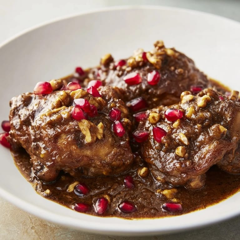Close-up of hearty Pomegranate Walnut Fesenjan Stew, perfect for a cozy dinner.
